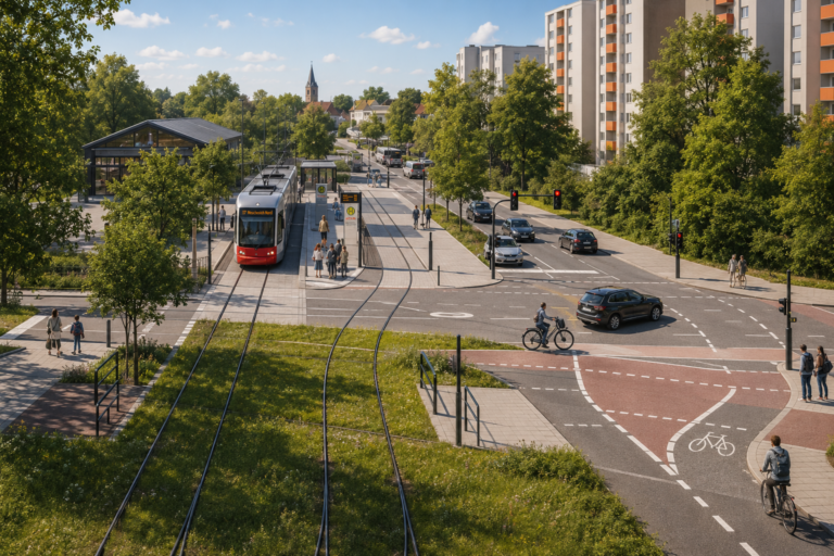 KI-generierte Visualisierung einer möglichen Stadtbahn-Endhaltestelle in Meschenich mit Straßenbahn, Haltesteigen, Radwegen und Straßenverkehr.